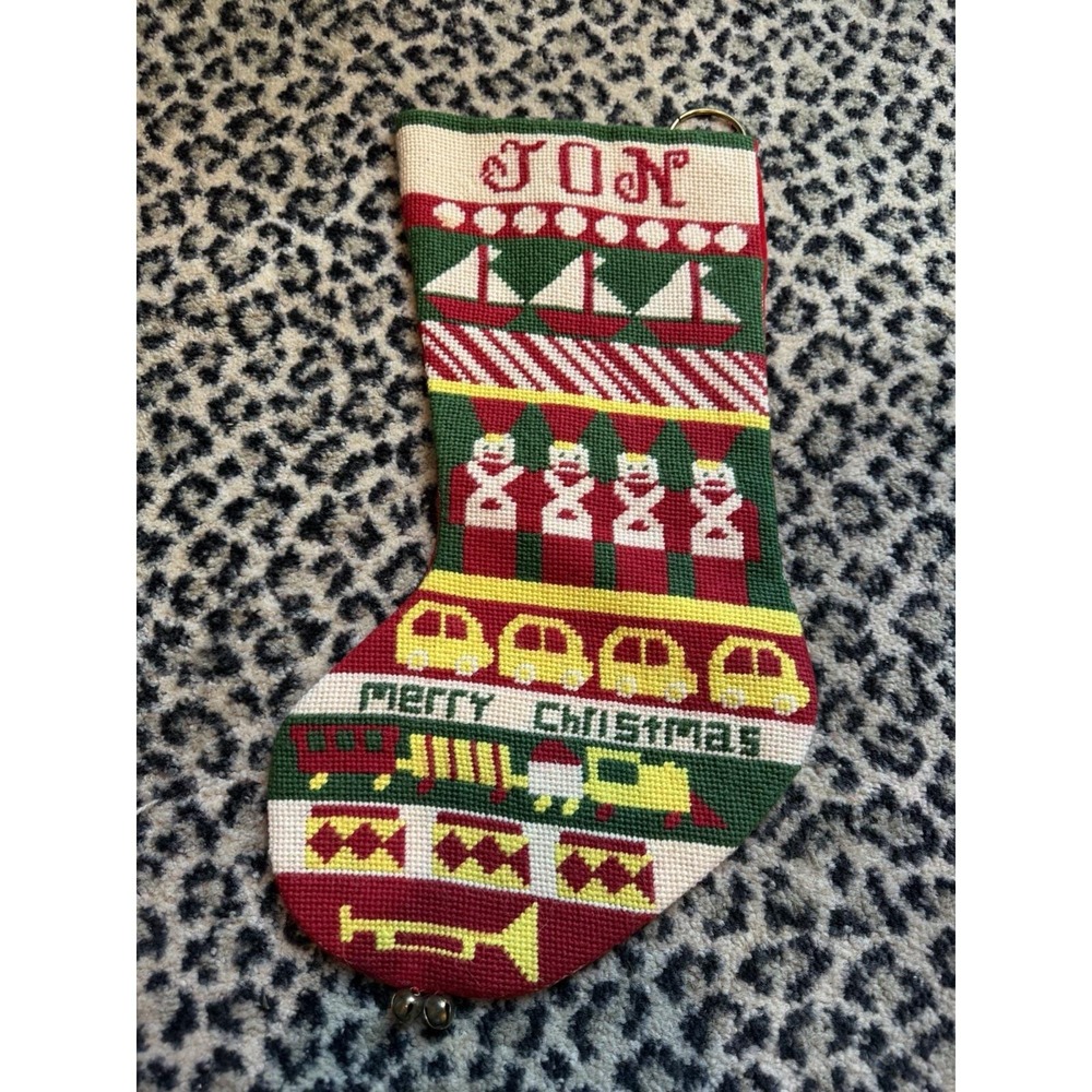 Vintage JON Christmas Stocking 17" Handmade Needlepoint Personalized Toy Train